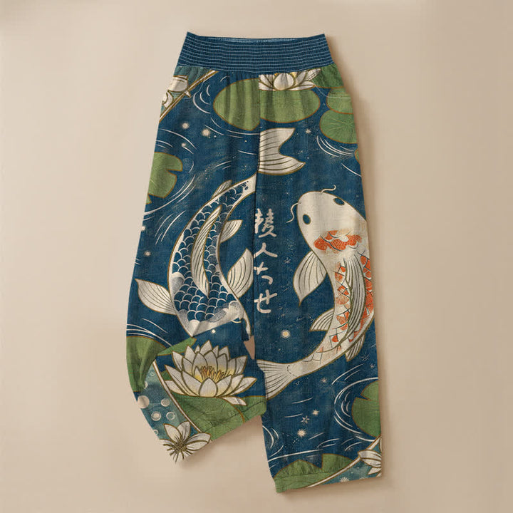 Buddha Stones Pantaloni harem da donna in cotone con motivo a pieghe e vita elasticizzata, con tasche, stampa di carpe koi orientali e loto. - image 3
