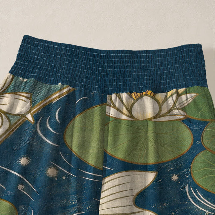 Buddha Stones Pantaloni harem da donna in cotone con motivo a pieghe e vita elasticizzata, con tasche, stampa di carpe koi orientali e loto. - image 4