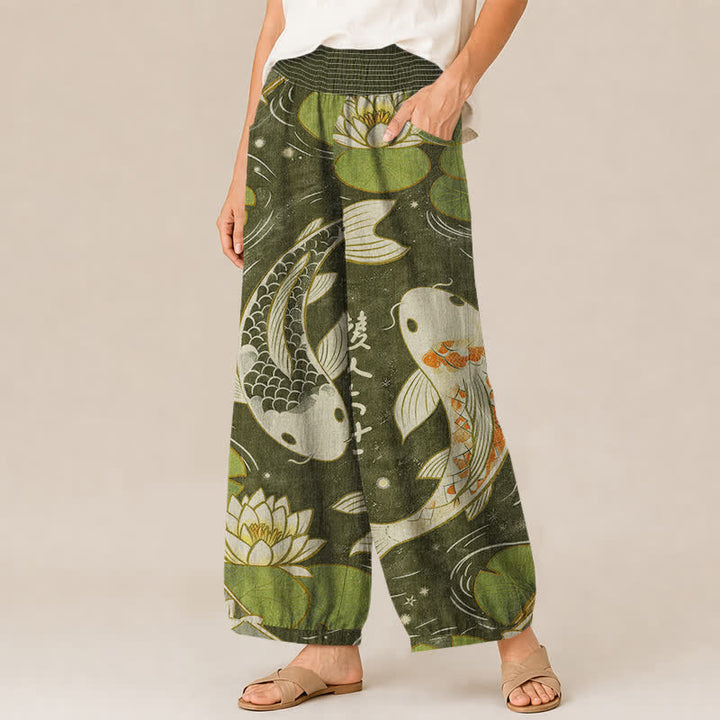 Buddha Stones Pantaloni harem da donna in cotone con motivo a pieghe e vita elasticizzata, con tasche, stampa di carpe koi orientali e loto. - image 7