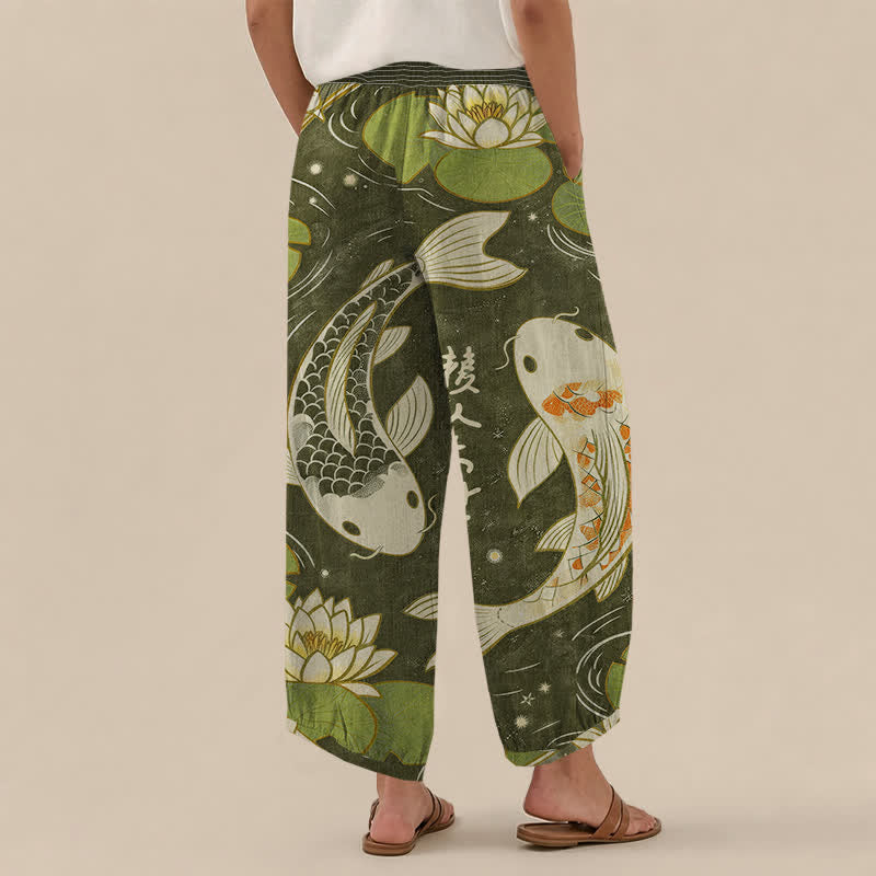 Buddha Stones Pantaloni harem da donna in cotone con motivo a pieghe e vita elasticizzata, con tasche, stampa di carpe koi orientali e loto. - image 8