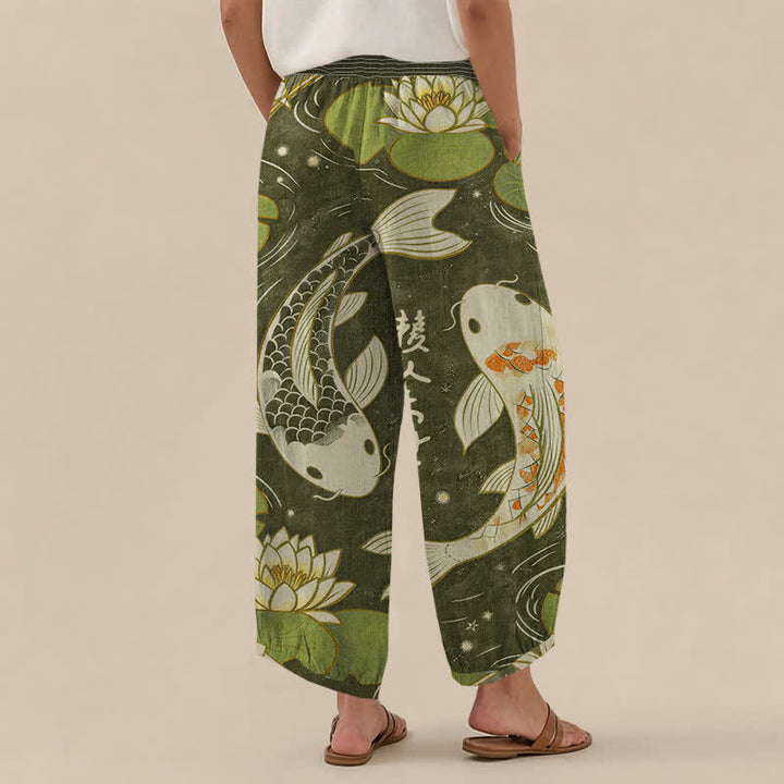Buddha Stones Pantaloni harem da donna in cotone con motivo a pieghe e vita elasticizzata, con tasche, stampa di carpe koi orientali e loto. - image 8