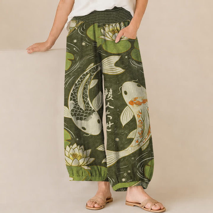 Buddha Stones Pantaloni harem da donna in cotone con motivo a pieghe e vita elasticizzata, con tasche, stampa di carpe koi orientali e loto. - Verde oliva scuro - US16, UK/AU20, EU48 (3XL) - image 6