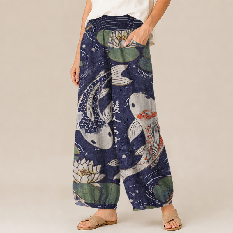 Buddha Stones Pantaloni harem da donna in cotone con motivo a pieghe e vita elasticizzata, con tasche, stampa di carpe koi orientali e loto. - image 11