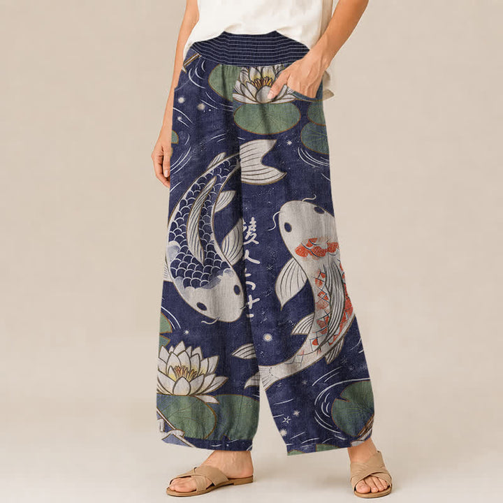 Buddha Stones Pantaloni harem da donna in cotone con motivo a pieghe e vita elasticizzata, con tasche, stampa di carpe koi orientali e loto. - image 11