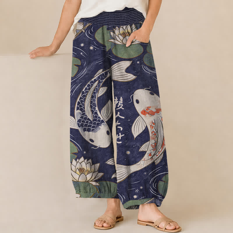 Buddha Stones Pantaloni harem da donna in cotone con motivo a pieghe e vita elasticizzata, con tasche, stampa di carpe koi orientali e loto. - Indaco - US16, UK/AU20, EU48 (3XL) - image 10