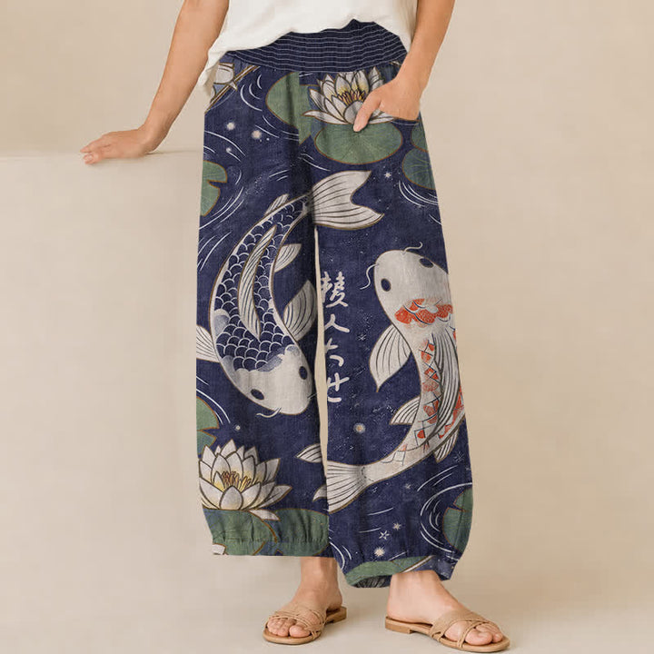 Buddha Stones Pantaloni harem da donna in cotone con motivo a pieghe e vita elasticizzata, con tasche, stampa di carpe koi orientali e loto. - Indaco - US16, UK/AU20, EU48 (3XL) - image 10