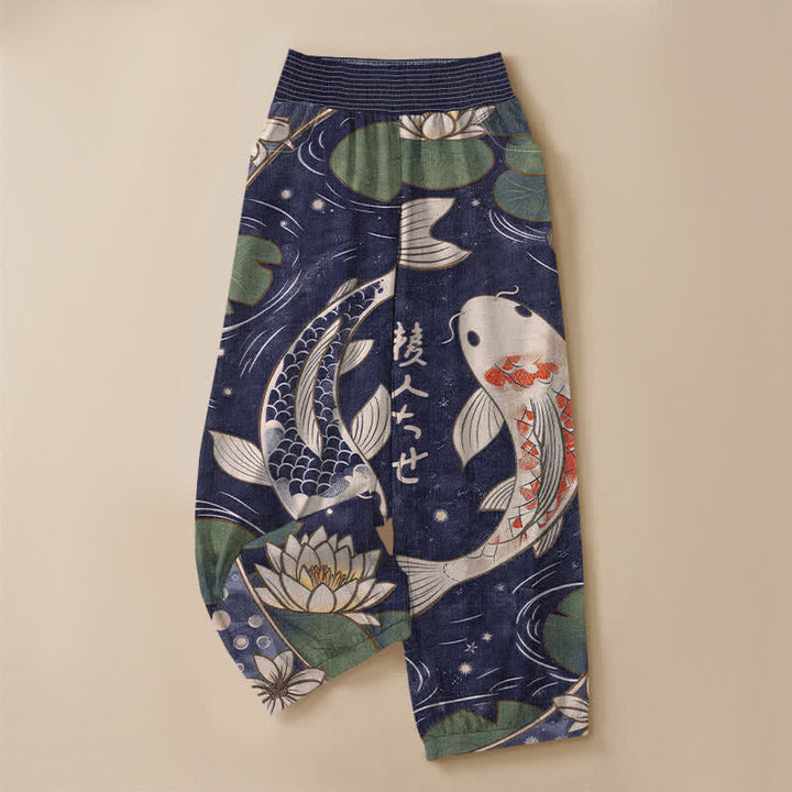 Buddha Stones Pantaloni harem da donna in cotone con motivo a pieghe e vita elasticizzata, con tasche, stampa di carpe koi orientali e loto. - image 13