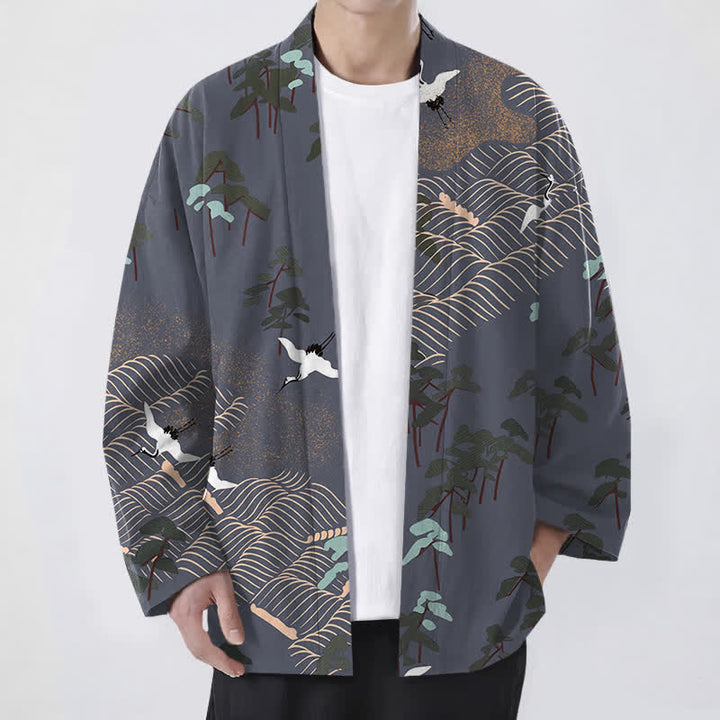 Buddha Stones Kimono da uomo in cotone bianco con motivo a gru, alberi e onde, aperto sul davanti. - Grigio ardesia chiaro - US/UK/AU48, EU58 (4XL) - image 6