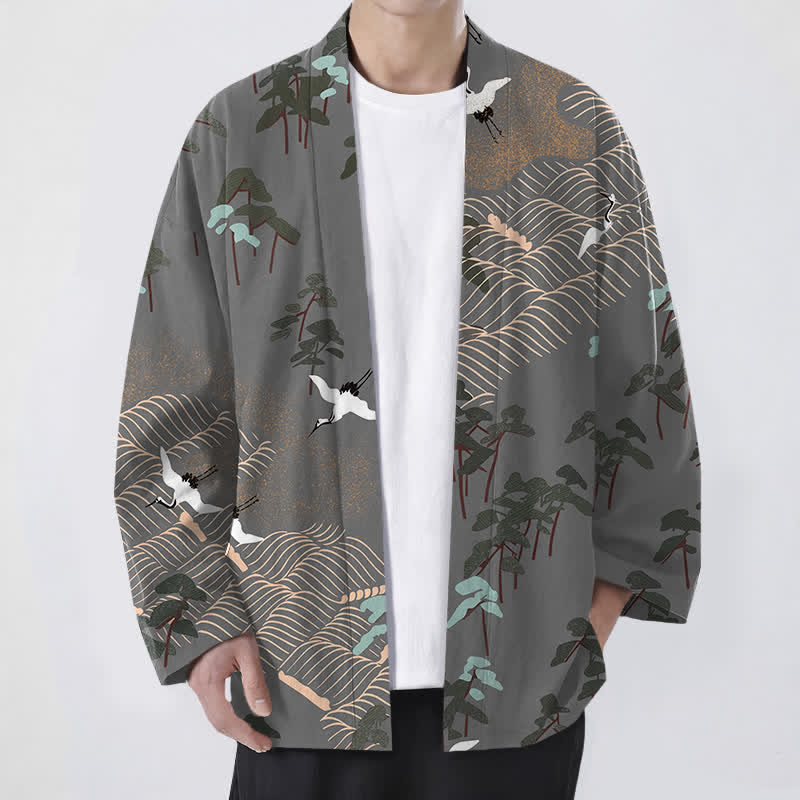 Buddha Stones Kimono da uomo in cotone bianco con motivo a gru, alberi e onde, aperto sul davanti. - Grigio scuro - US/UK/AU48, EU58 (4XL) - image 9