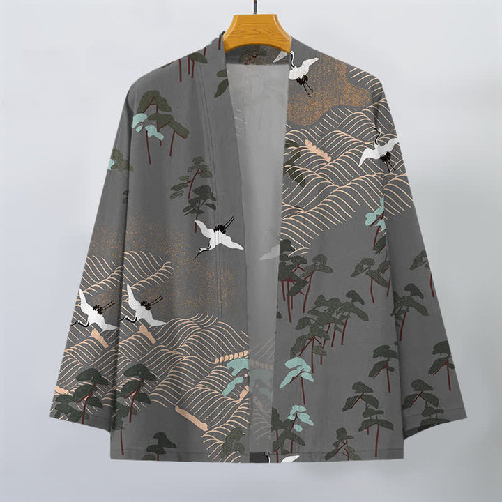 Buddha Stones Kimono da uomo in cotone bianco con motivo a gru, alberi e onde, aperto sul davanti. - image 10