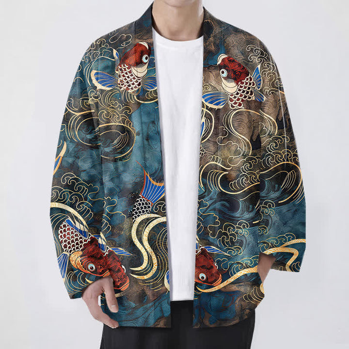 Buddha Stones Kimono da uomo in cotone rosso con motivo a carpe koi e onde dorate, aperto sul davanti. - Blu fiordaliso - US/UK/AU48, EU58 (4XL) - image 6