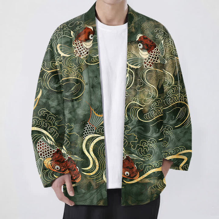 Buddha Stones Kimono da uomo in cotone rosso con motivo a carpe koi e onde dorate, aperto sul davanti. - Verde oliva scuro - US/UK/AU48, EU58 (4XL) - image 9