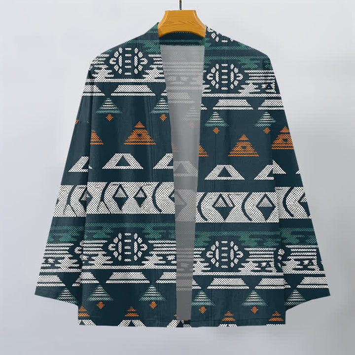 Buddha Stones Kimono da uomo in cotone color verde acqua con motivo geometrico azteco e apertura frontale. - image 1