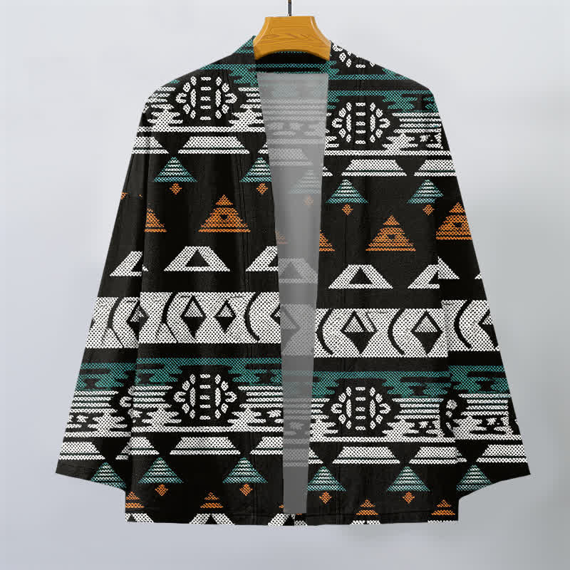 Buddha Stones Kimono da uomo in cotone color verde acqua con motivo geometrico azteco e apertura frontale. - image 7