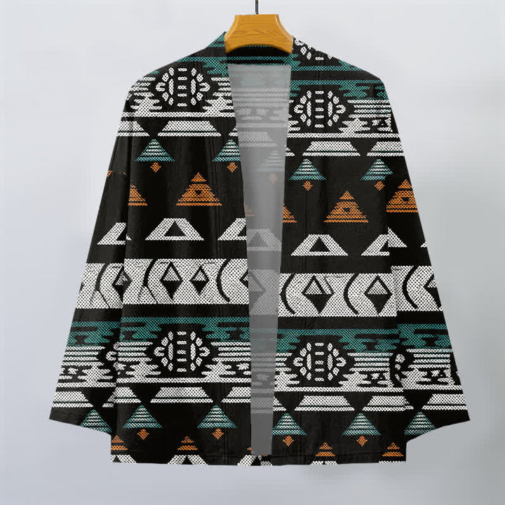 Buddha Stones Kimono da uomo in cotone color verde acqua con motivo geometrico azteco e apertura frontale. - image 7