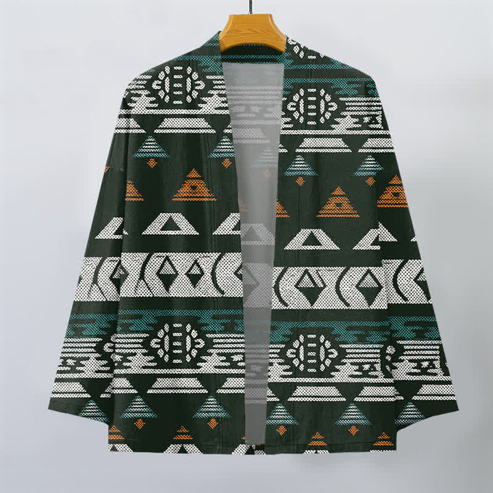 Buddha Stones Kimono da uomo in cotone color verde acqua con motivo geometrico azteco e apertura frontale. - image 10