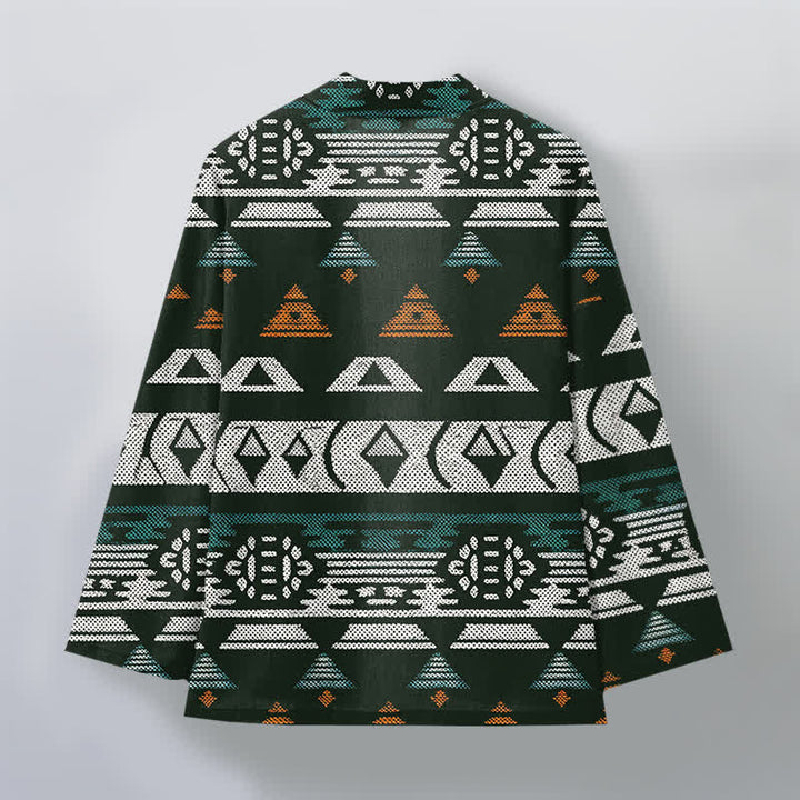 Buddha Stones Kimono da uomo in cotone color verde acqua con motivo geometrico azteco e apertura frontale. - image 11
