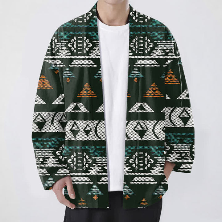 Buddha Stones Kimono da uomo in cotone color verde acqua con motivo geometrico azteco e apertura frontale. - Verde scuro - US/UK/AU48, EU58 (4XL) - image 9