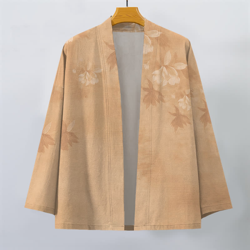 Buddha Stones Kimono da uomo in cotone con delicato motivo floreale e foglie, aperto sul davanti. - image 1