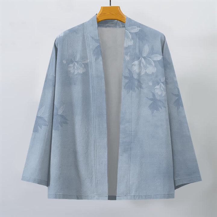 Buddha Stones Kimono da uomo in cotone con delicato motivo floreale e foglie, aperto sul davanti. - image 7