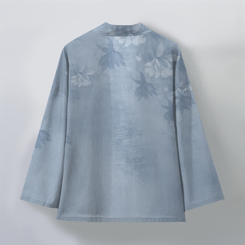 Buddha Stones Kimono da uomo in cotone con delicato motivo floreale e foglie, aperto sul davanti. - image 8