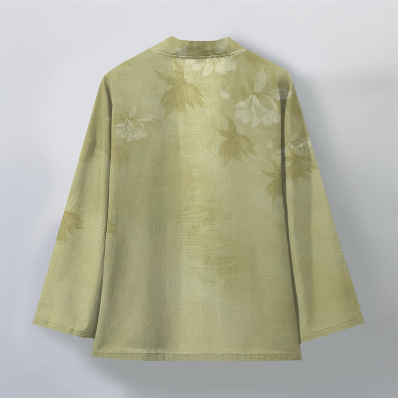 Buddha Stones Kimono da uomo in cotone con delicato motivo floreale e foglie, aperto sul davanti. - image 11