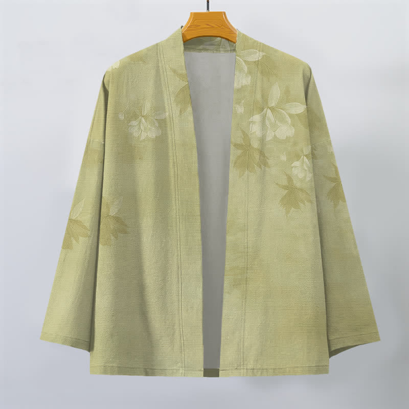 Buddha Stones Kimono da uomo in cotone con delicato motivo floreale e foglie, aperto sul davanti. - image 10
