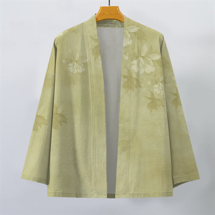 Buddha Stones Kimono da uomo in cotone con delicato motivo floreale e foglie, aperto sul davanti. - image 10