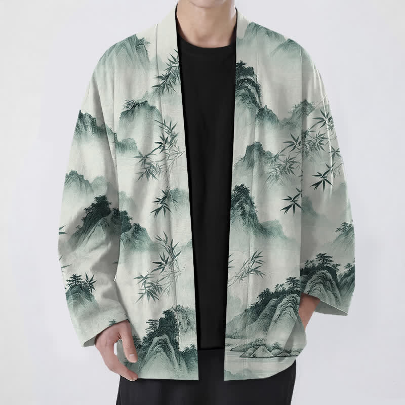 Buddha Stones Kimono da uomo con apertura frontale, fantasia paesaggio montano e bambù, in cotone e inchiostro. - Verde Mare Scuro - US/UK/AU48, EU58 (4XL) - image 0