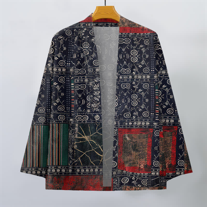 Buddha Stones Kimono da uomo in cotone con apertura frontale e motivo patchwork geometrico tribale. - image 1