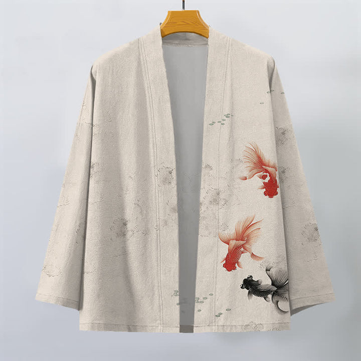 Buddha Stones Kimono da uomo in cotone con apertura frontale e motivo a onde e pesci koi. - image 1