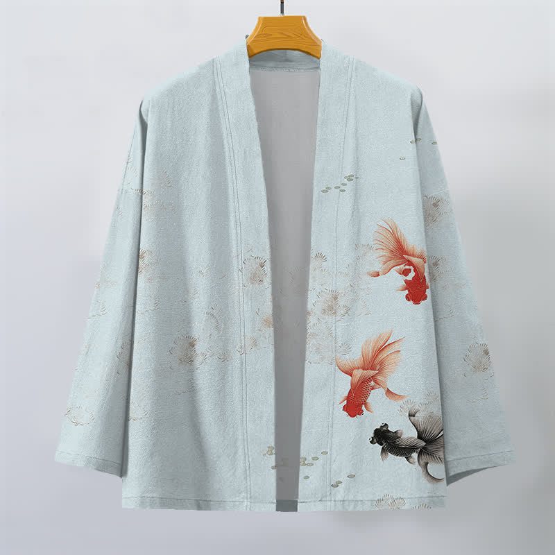Buddha Stones Kimono da uomo in cotone con apertura frontale e motivo a onde e pesci koi. - image 7