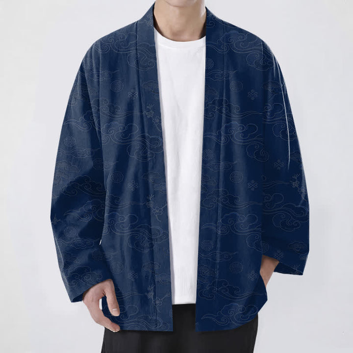 Buddha Stones Kimono da uomo in cotone con apertura frontale e motivo "Nuvole di buon auspicio". - Marina - US/UK/AU48, EU58 (4XL) - image 0