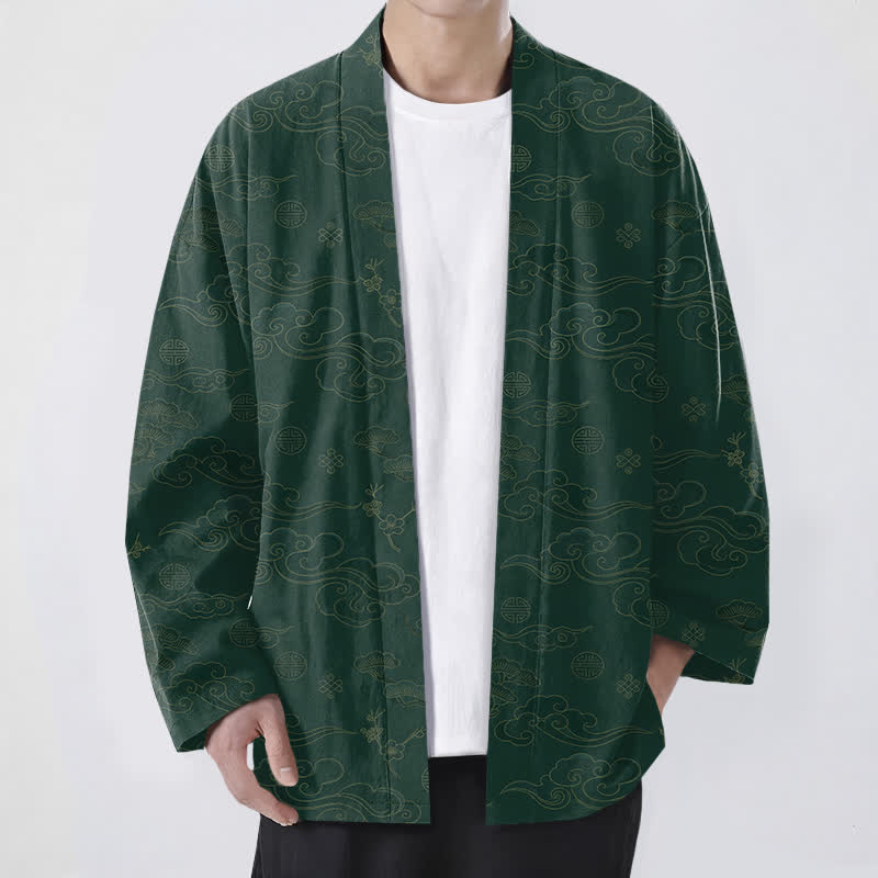 Buddha Stones Kimono da uomo in cotone con apertura frontale e motivo "Nuvole di buon auspicio". - Verde studentesco - US/UK/AU48, EU58 (4XL) - image 9