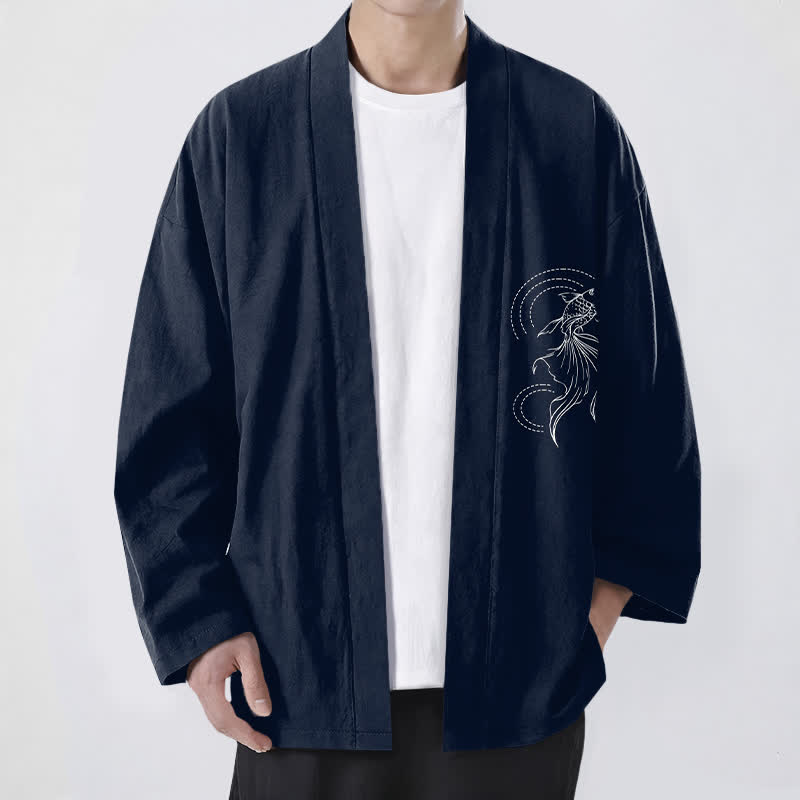 Buddha Stones Kimono da uomo in cotone bianco con motivo a onde e pesci koi, aperto sul davanti. - Marina - US/UK/AU48, EU58 (4XL) - image 0