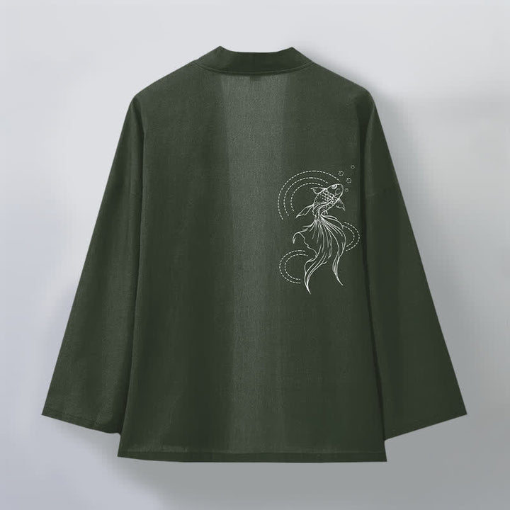 Buddha Stones Kimono da uomo in cotone bianco con motivo a onde e pesci koi, aperto sul davanti. - image 8