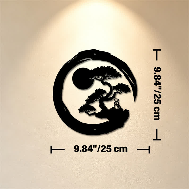 Buddha Stones Cerchio Zen in metallo, pino, illuminazione, bonsai, ferro, simboli significativi, arte da parete - Circa 25 cm x 25 cm x 0,1 cm / 9,84 pollici x 9,84 pollici x 0,04 pollici - image 2