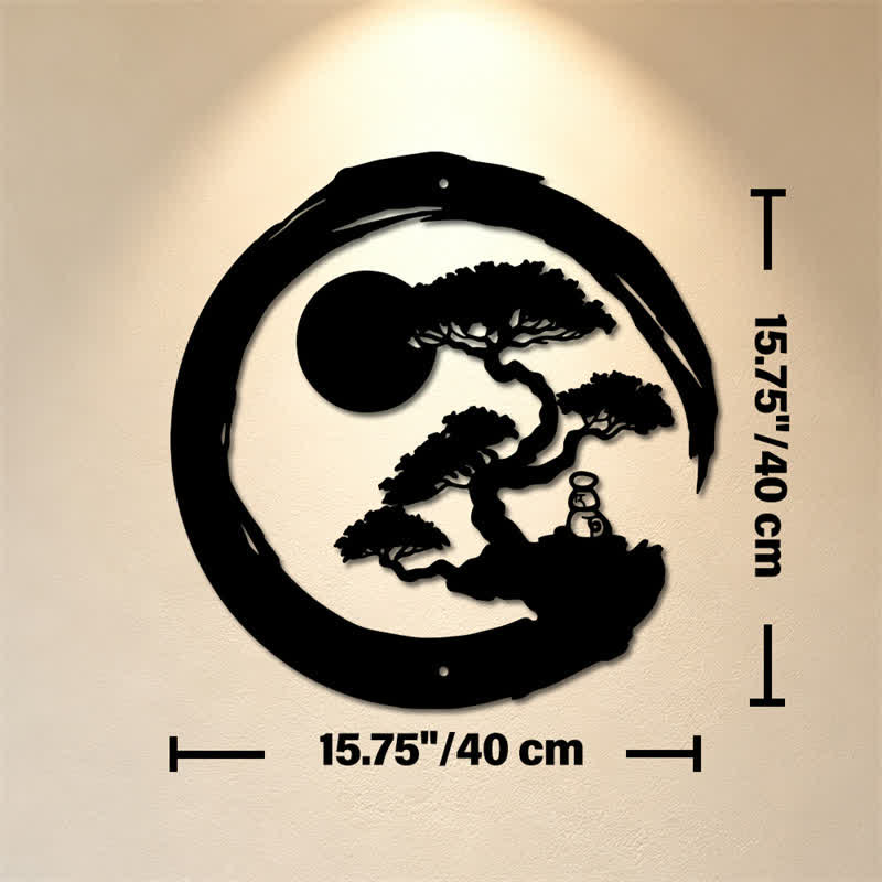 Buddha Stones Cerchio Zen in metallo, pino, illuminazione, bonsai, ferro, simboli significativi, arte da parete - Circa 40 cm x 40 cm x 0,1 cm / 15,75 pollici x 15,75 pollici x 0,04 pollici - image 8
