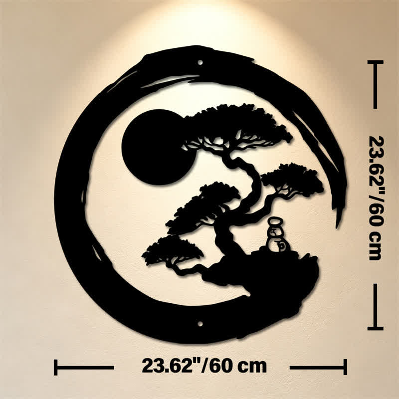 Buddha Stones Cerchio Zen in metallo, pino, illuminazione, bonsai, ferro, simboli significativi, arte da parete - Circa 60 cm x 60 cm x 0,12 cm / 23,62 pollici x 23,62 pollici x 0,05 pollici - image 12