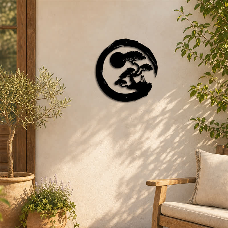 Buddha Stones Cerchio Zen in metallo, pino, illuminazione, bonsai, ferro, simboli significativi, arte da parete - image 5