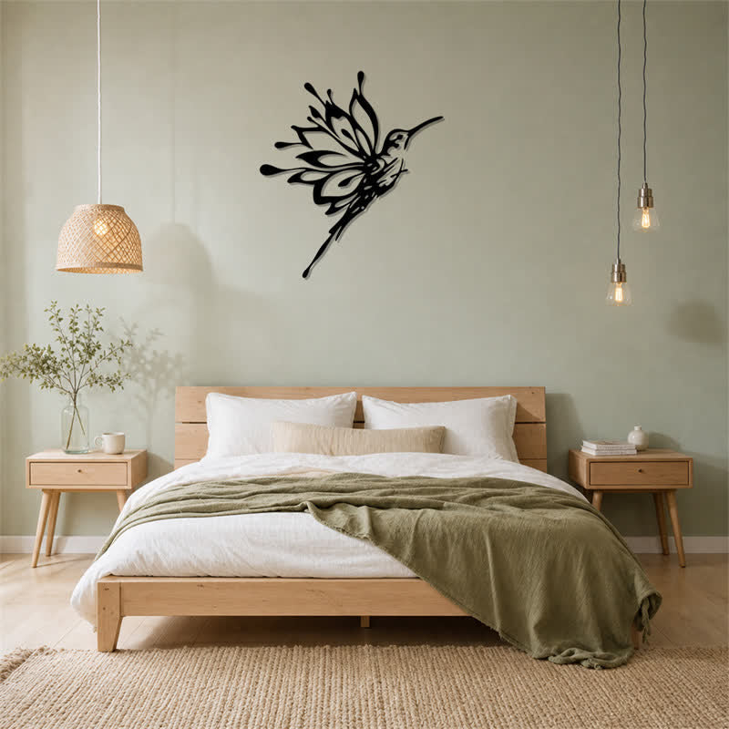 Buddha Stones Decorazione murale con silhouette in ferro nero opaco raffigurante un colibrì loto, nuovi inizi e simboli significativi. - image 14