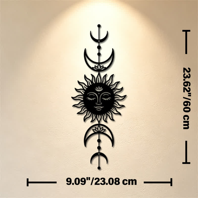 Buddha Stones Decorazione murale in ferro con simboli significativi di loto, sole e luna in stile boho e intuizione. - Nero - Circa 23,08 cm x 60 cm x 0,12 cm / 9,09 pollici x 23,62 pollici x 0,05 pollici - image 9