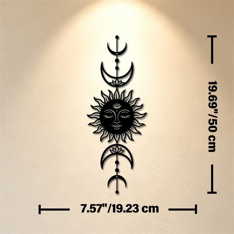 Buddha Stones Decorazione murale in ferro con simboli significativi di loto, sole e luna in stile boho e intuizione. - Nero - Circa 19,23 cm x 50 cm x 0,12 cm / 7,57 pollici x 19,69 pollici x 0,05 pollici - image 8
