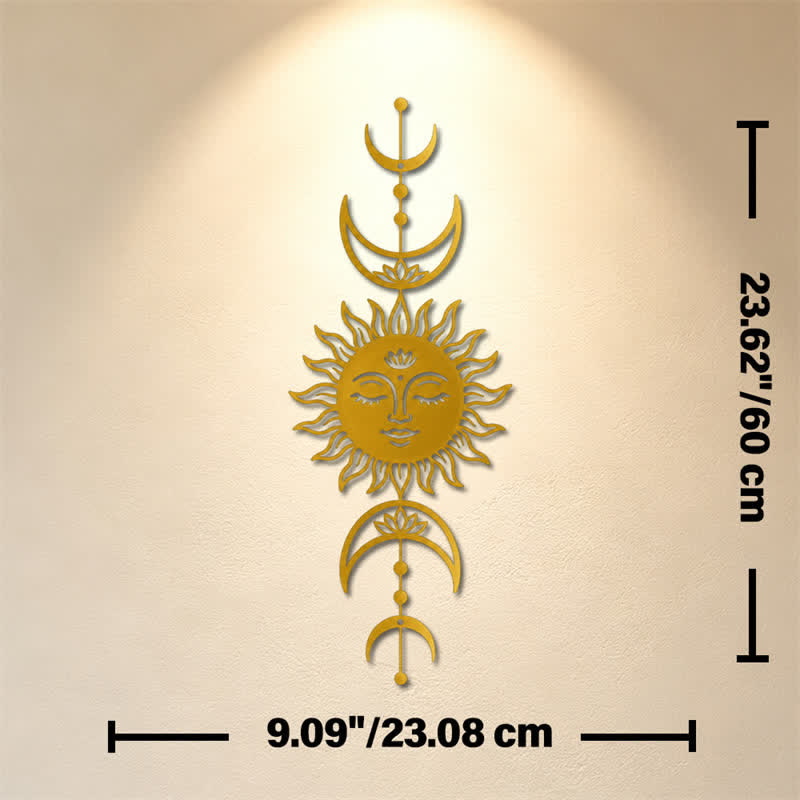 Buddha Stones Decorazione murale in ferro con simboli significativi di loto, sole e luna in stile boho e intuizione. - D'oro - Circa 23,08 cm x 60 cm x 0,12 cm / 9,09 pollici x 23,62 pollici x 0,05 pollici - image 22