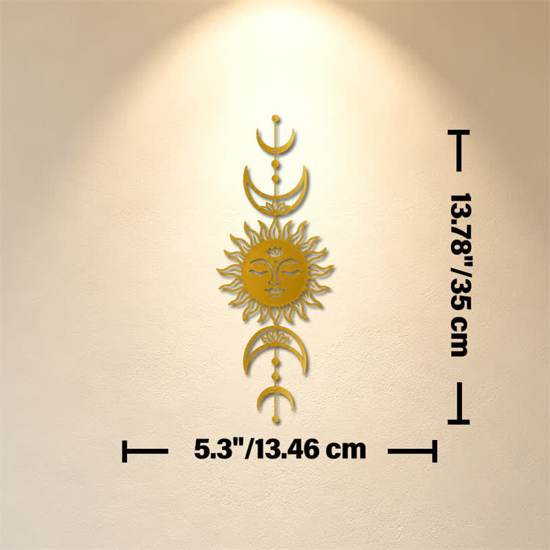 Buddha Stones Decorazione murale in ferro con simboli significativi di loto, sole e luna in stile boho e intuizione. - D'oro - Circa 13,46 cm x 35 cm x 0,1 cm / 5,30 pollici x 13,78 pollici x 0,04 pollici - image 18