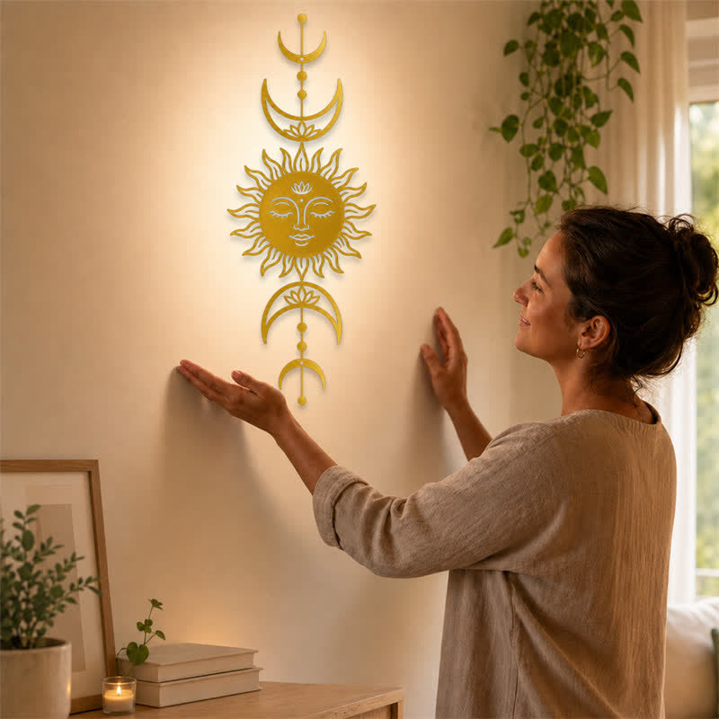 Buddha Stones Decorazione murale in ferro con simboli significativi di loto, sole e luna in stile boho e intuizione. - image 13