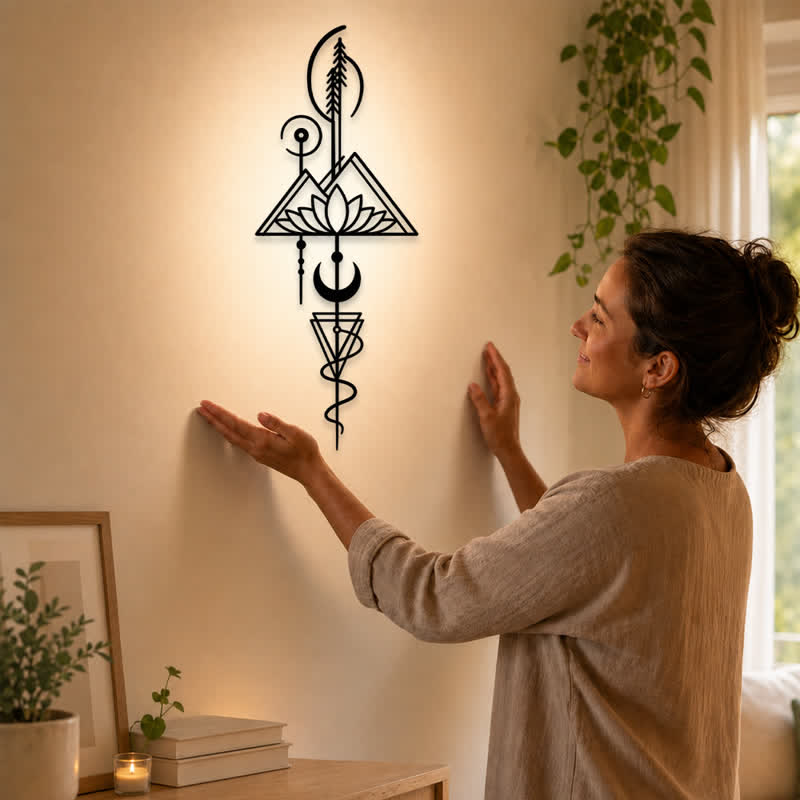Buddha Stones Decorazione murale verticale in metallo di ferro con simboli significativi: Loto, Luna, Illuminazione, Illuminazione. - image 16