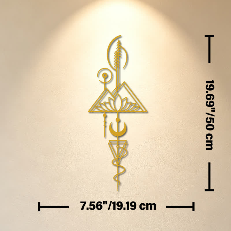 Buddha Stones Decorazione murale verticale in metallo di ferro con simboli significativi: Loto, Luna, Illuminazione, Illuminazione. - Oro - Circa 19,19 cm x 50 cm x 0,12 cm / 7,56 pollici x 19,69 pollici x 0,05 pollici - image 10