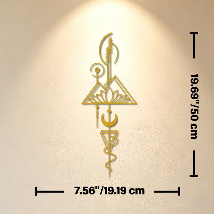 Buddha Stones Decorazione murale verticale in metallo di ferro con simboli significativi: Loto, Luna, Illuminazione, Illuminazione. - Oro - Circa 19,19 cm x 50 cm x 0,12 cm / 7,56 pollici x 19,69 pollici x 0,05 pollici - image 10