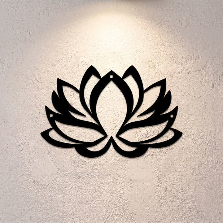 Buddha Stones Arte murale con simboli significativi di loto, illuminazione zen e ferro in metallo nero. - image 0